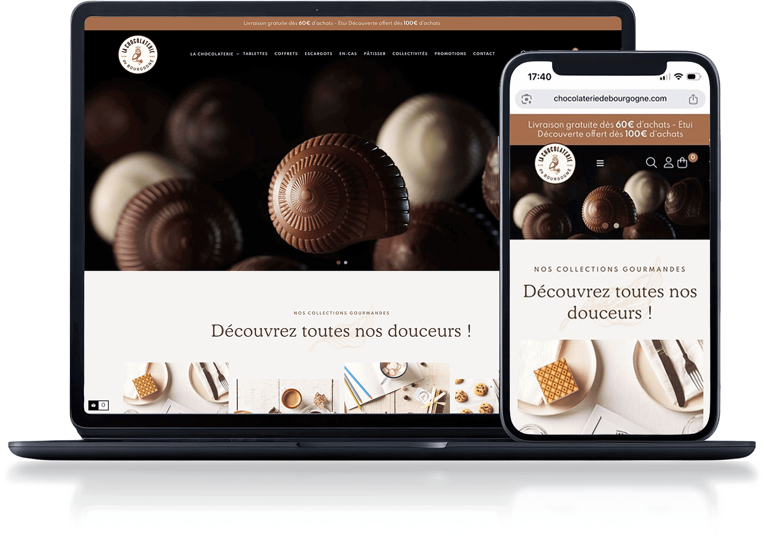 Mockup d’un site e-commerce de chocolaterie affiché sur ordinateur et smartphone